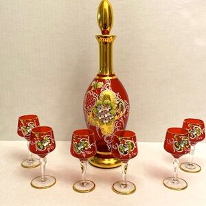 Vintage Elegant Red and Gold Decanter Set